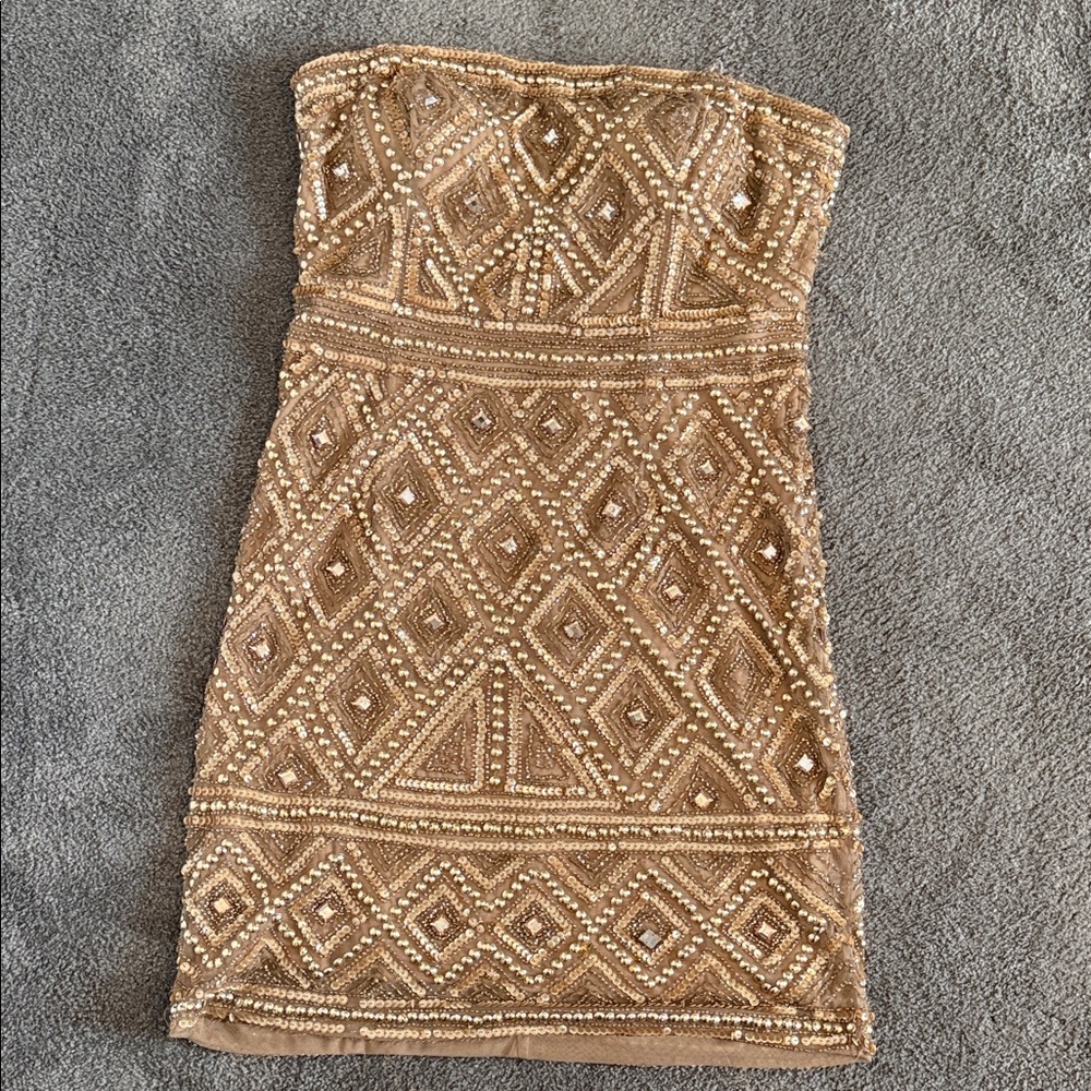 ADRIANNA PAPELL Gold Beaded Strapless Dress